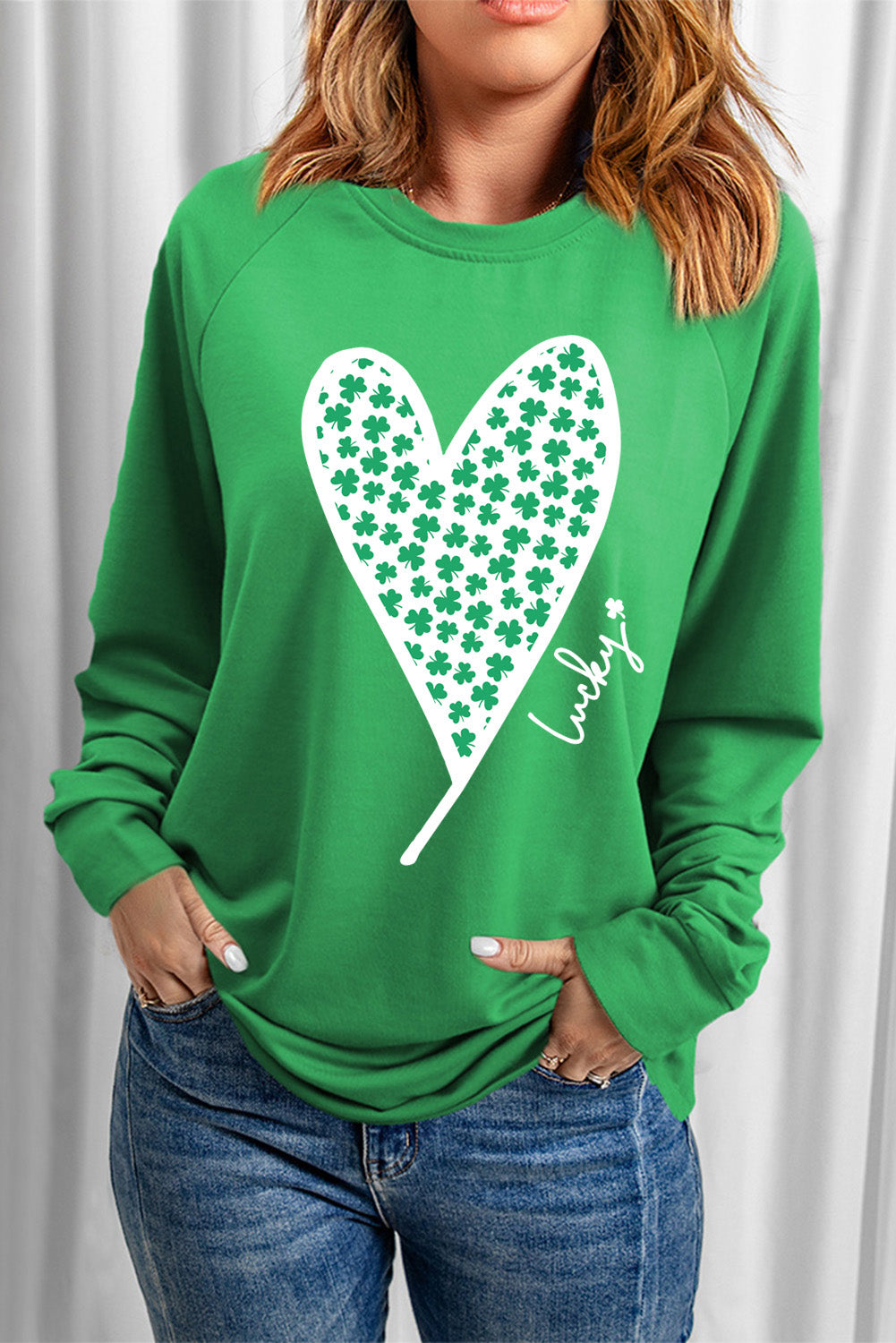 Green Lucky Clover Heart Graphic Raglan Sleeve Sweatshirt