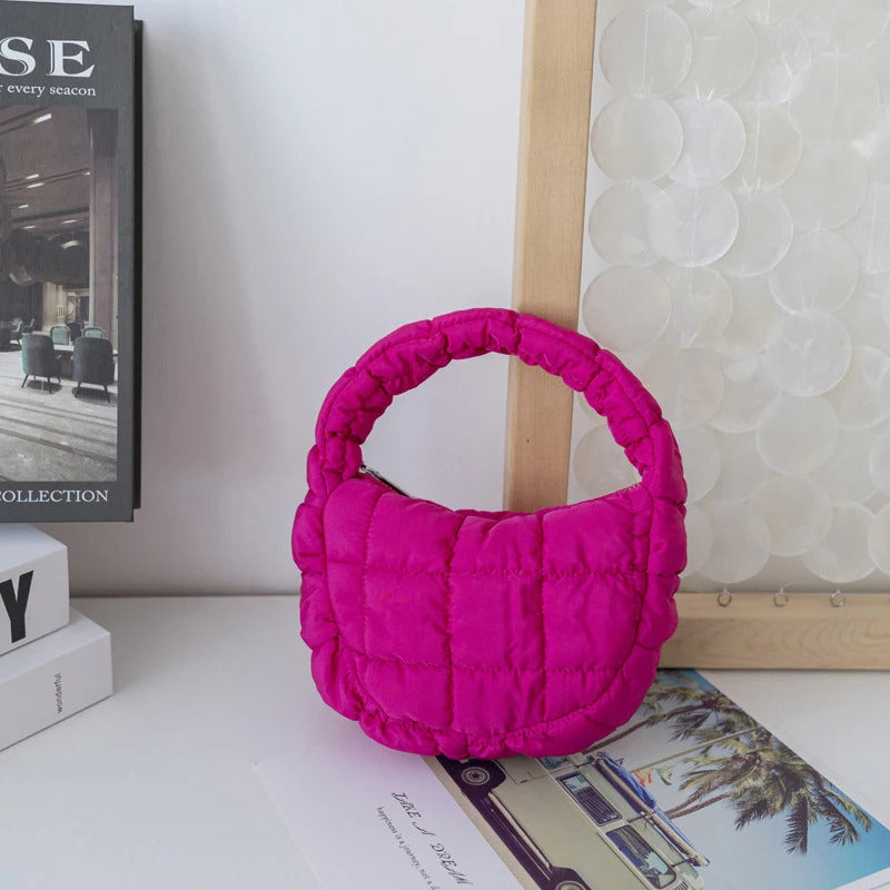 Fashion Mini Puffer Tote Bag Quilted Circle Phone Purse Elegant Purple Soft Nylon Padded Key Pouch Simple Trend Handbag