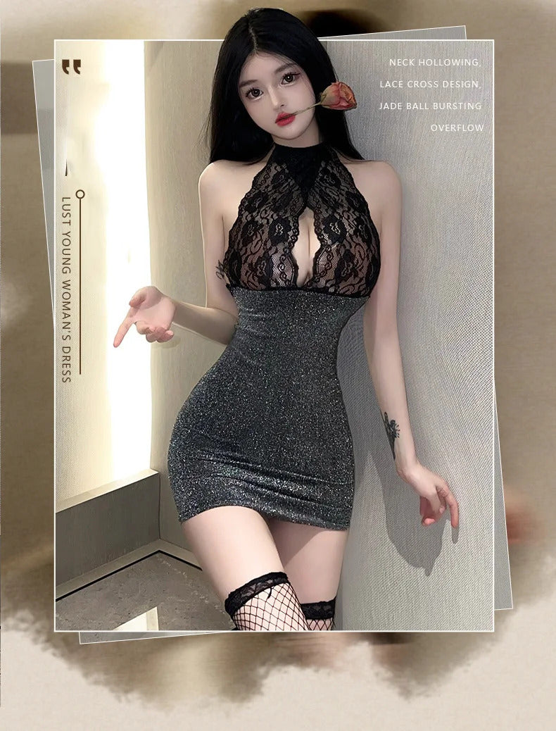 Hot Dress Lace lace hanging neck revealing breast deep V-wrap hip skirt Elegant evening dress woman Woman clothing Youth dresses