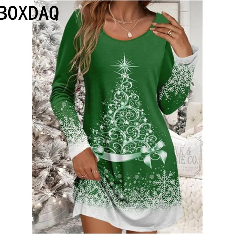 Ladies' Red Christmas Day Party Dress 3D Christmas Tree Pattern Printed Dress Big Size Autumn Long Sleeve O-Neck Casual Dresses