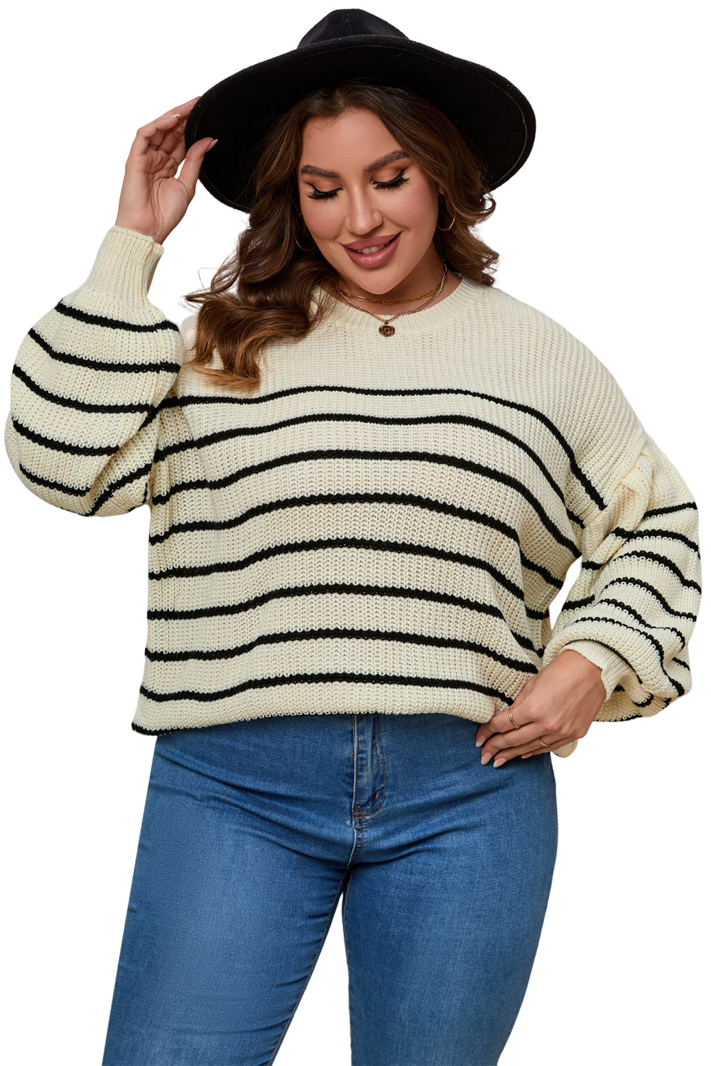 Khaki plus Size Striped Drop Shoulder Puff Sleeve Sweater