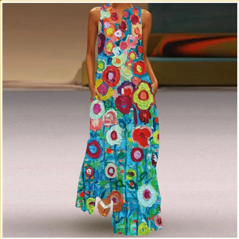 Spring Summer Long Women's Dress Floral Sleeveless Loose Print Elegant Party Dress For Women 2024 Casual Beach Maxi Dress Women