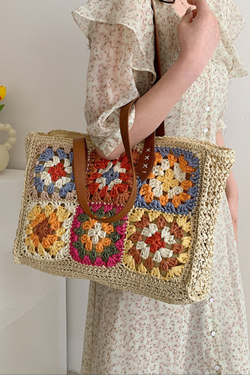 Beige Floral Crochet Large Square Tote Bag