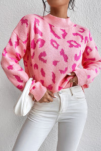 Bonbon Leopard Pattern Mock Neck Ribbed Trim Sweater