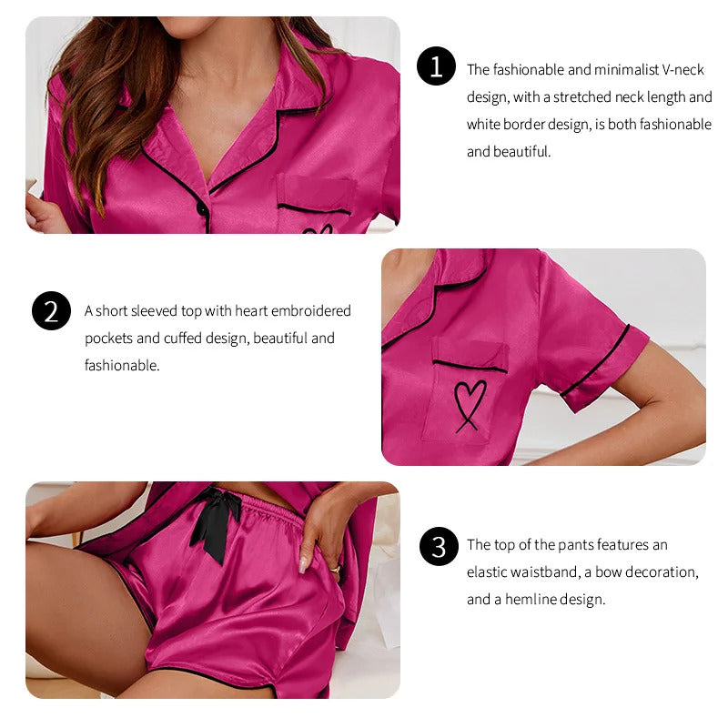 Women's Pajamas Lounge Set Heart Embroidered Pocket Patched Sleepwear Button Down Short Sleeve Top & Shorts Pyjama Home Clothing