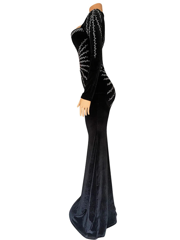 Elegant Diamonds Velvet Long Party Dress for Women Sexy Deep V Evening Gown Formal Black Slim Dress Robe