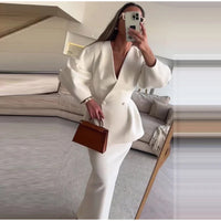 Elegant Puff Sleeve Slim Fit High Waist Women Coat Skirt Sets Fashion V Neck Solid Button Lady 2 Piece Set 2024 Chic Street Wear