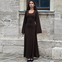 Long Flare Sleeved Maxi Floor-Length Dress Summer Solid Fashion Casual Office Lady Dresses for Women Slim Sexy Lace-up Vestidos