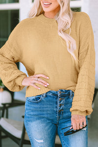 Khaki Hollowed Bubble Sleeve Knit Sweater