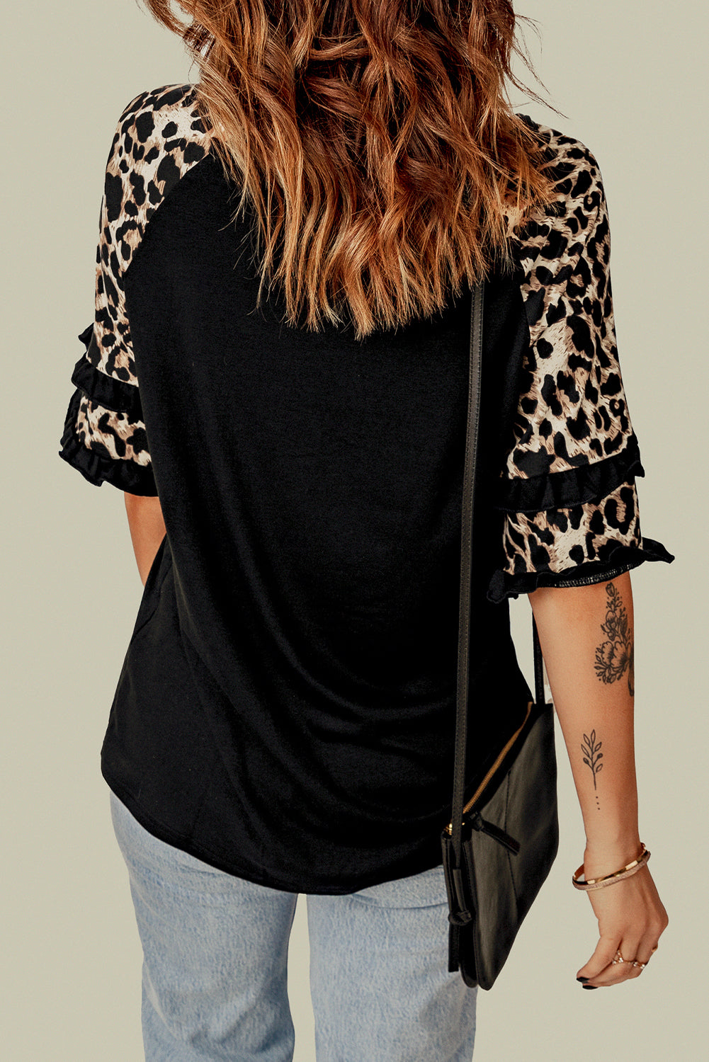 Blank Apparel - Black Ruffled Leopard Sleeve Patchwork Top