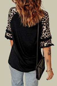 Blank Apparel - Black Ruffled Leopard Sleeve Patchwork Top