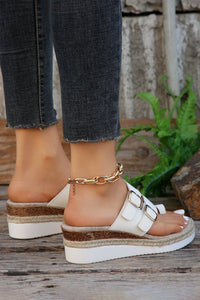 White Buckled Straps Slip-on Wedge Slippers