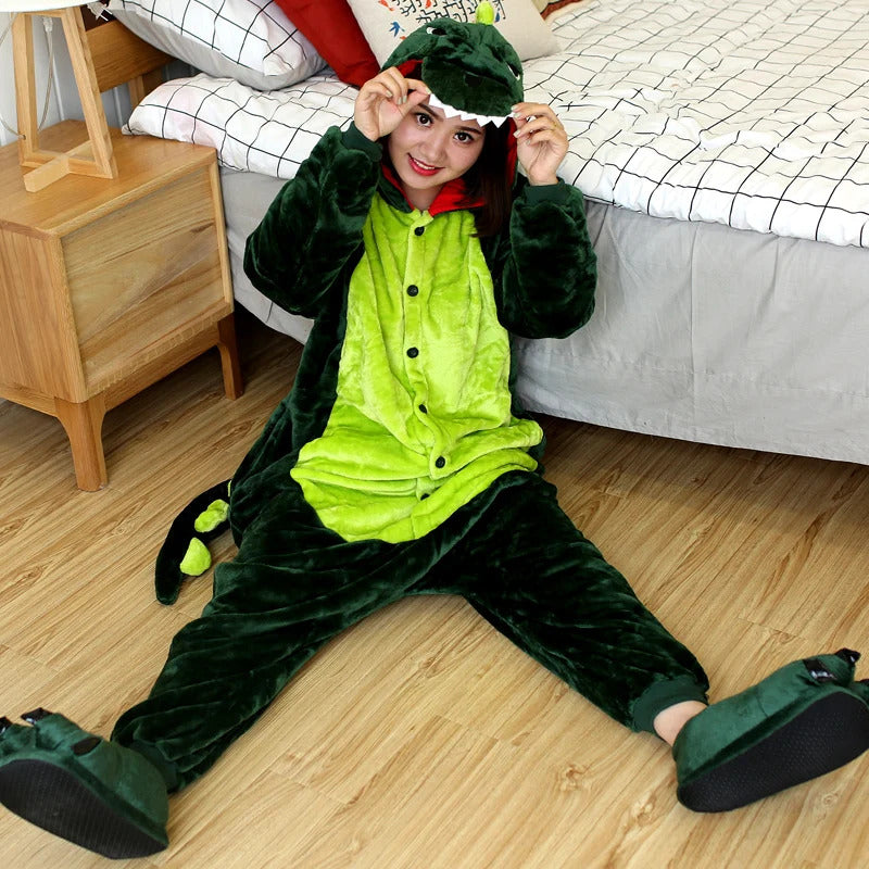 Adults Dinosaur Cartoon Pajamas Animal Onesies Cosplay Costumes Jumpsuit Hooded Sleepwear Halloween One Piece for Performing