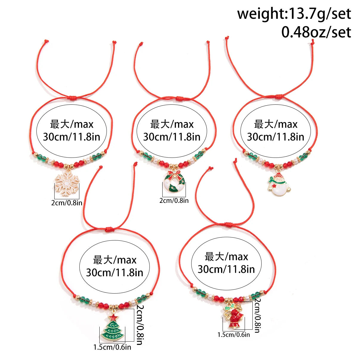 KunJoe 5pcs/set Cute Christmas Series Snowflake Tree Pendant Crystal Bracelet Women CCB Beads Adjustable Thread Rope Bracelet