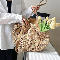 Summer Round Straw Women Vacation Woven Beach Shoulder Bag Large Capacity Hollow Out Simple Tote Bag