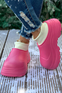 Rose Red Waterproof Thick Sole Ribbed Ankle Shoes