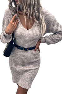 Gray V Neck Bodycon Sweater Dress