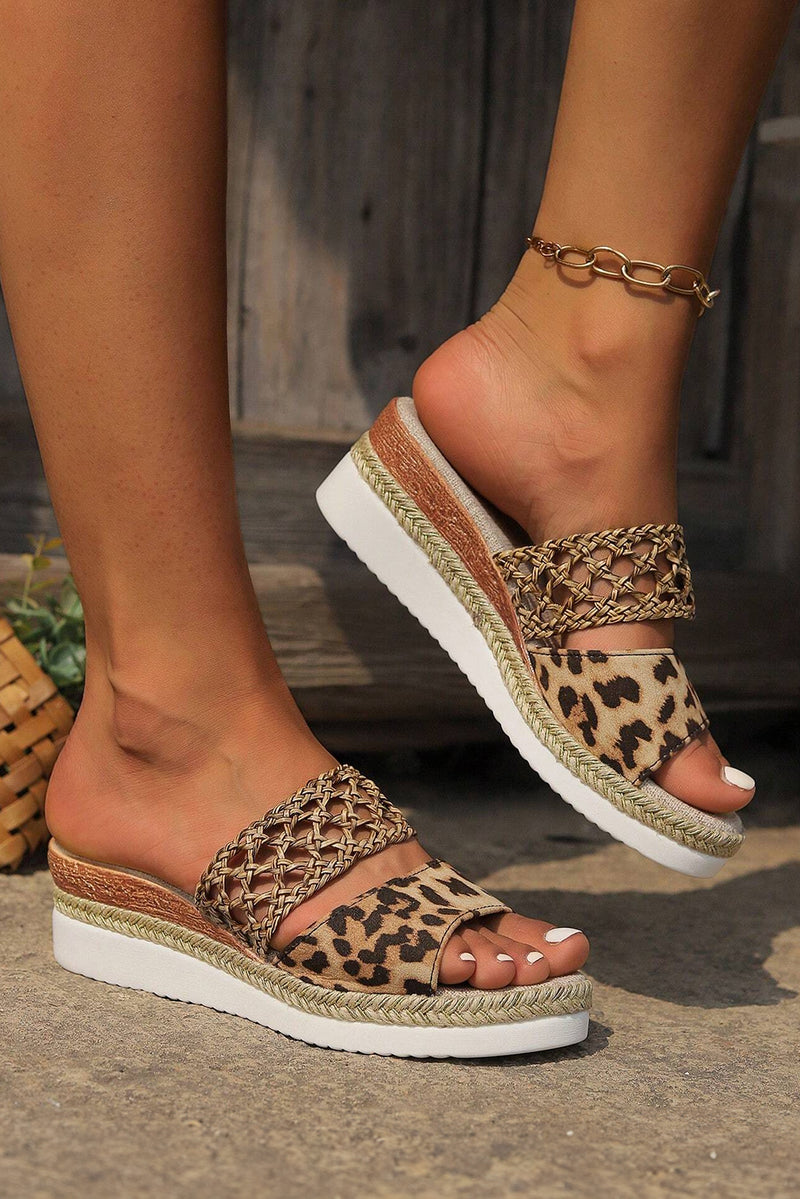 Chestnut Leopard/Floral Print Braided Details Wedge Slippers