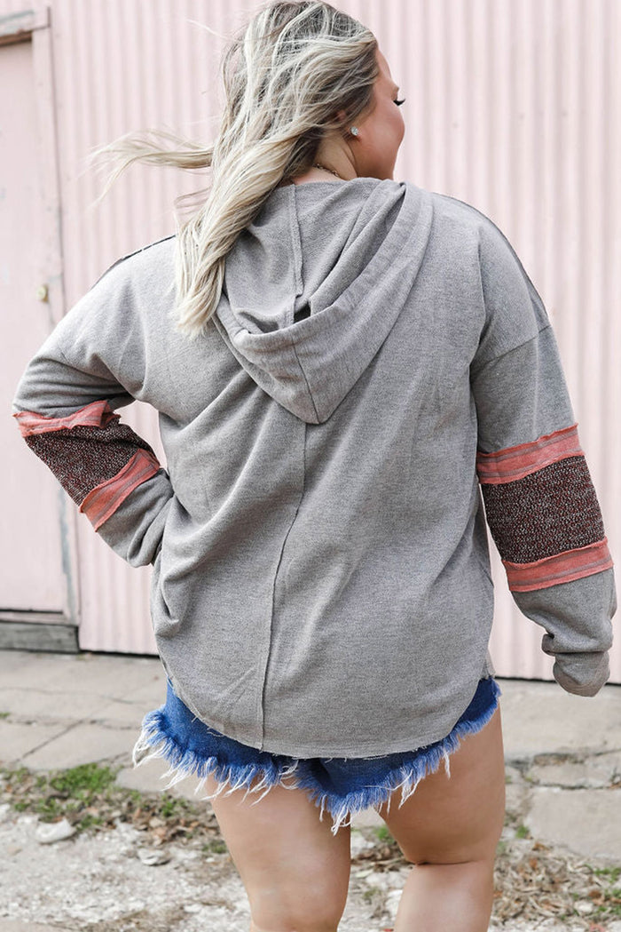 Gray Contrast Patched Sleeve Plus Size Hoodie