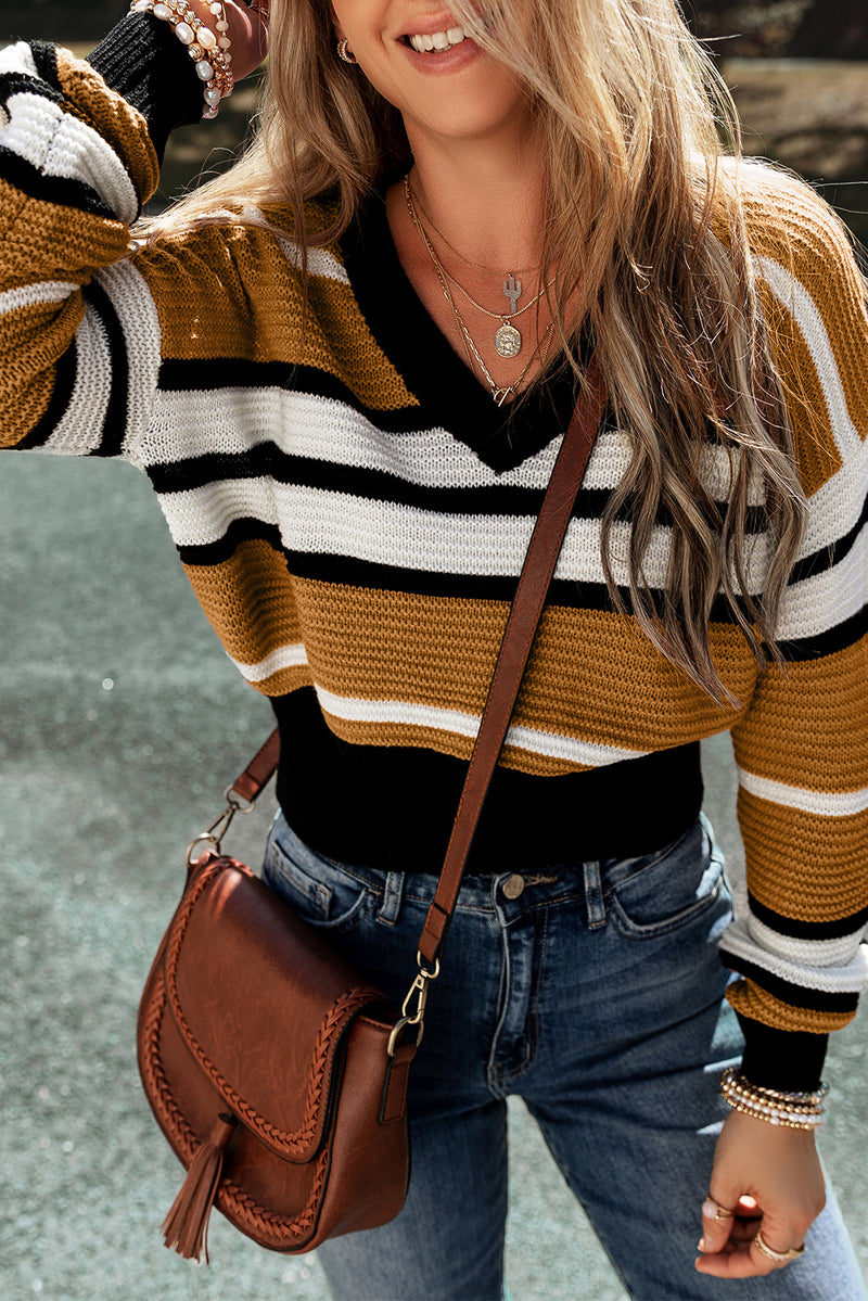 Brown Stripe Contrast Stripes V Neck Textured Knit Sweater