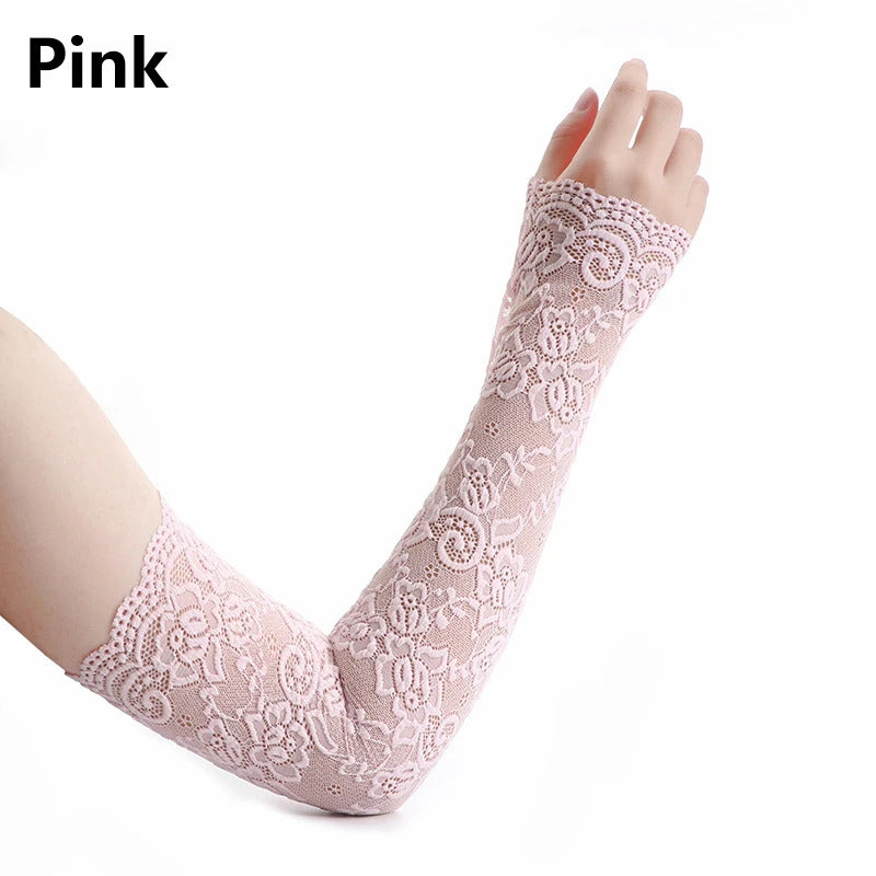 Summer Sunscreen Lace Arm Sleeve Women Long Mesh Yarn Arm Cover Sun UV Protection Fingerless Arm Cuffs Outdoor Driving Gloves