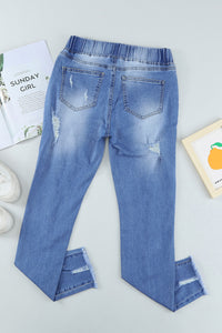 Sky Blue Drawstring Elastic Waist Hole Ripped Jeans