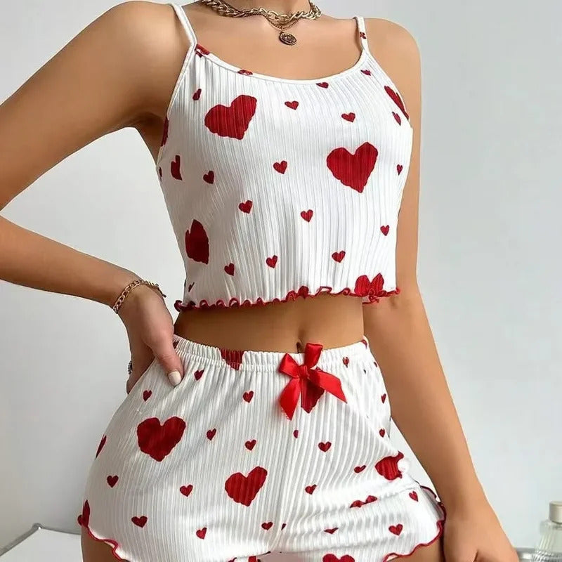 Hot Selling Womens Pajamas Set Sleepwear 2PCS Short Tank Tops And Shorts White Ventilate Soft Casual Red Love Printing Sleepwear