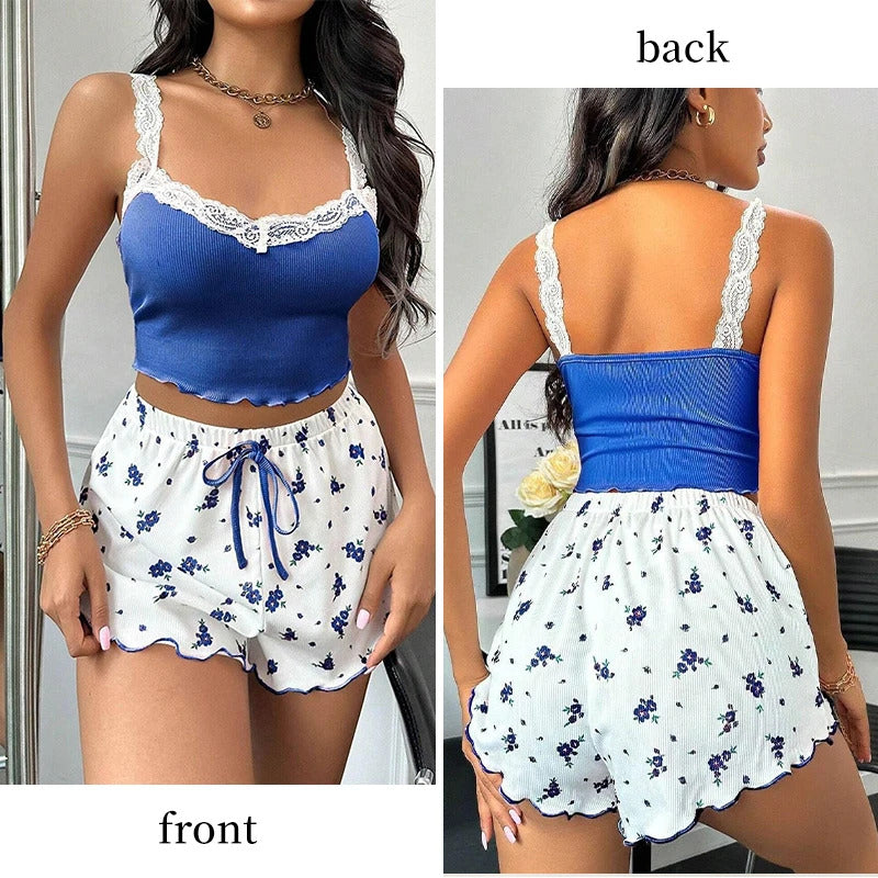 Women's Two-Piece Summer Ribbed Knitted Flower Print Lace Trimmed Camisole Vest and Bow Shorts Sexy Pajama Set