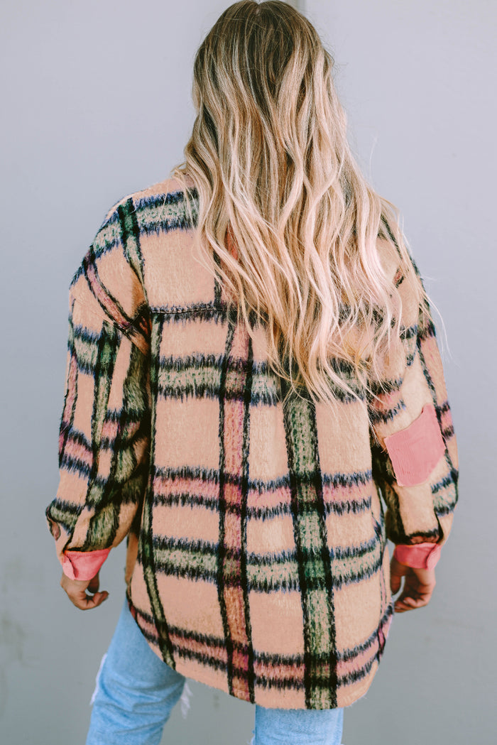 Pink Fuzzy Plaid Corduroy Patchwork Shacket