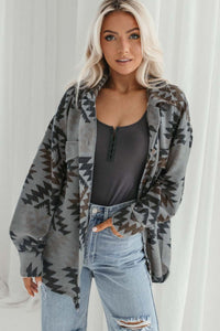 Gray Western Aztec Print Drop Shoulder Casual Shacket