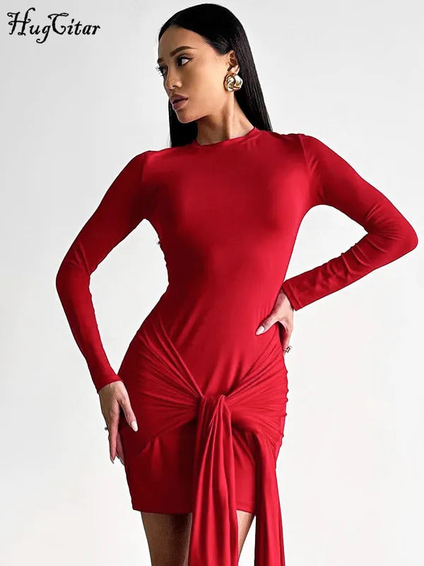 Hugcitar 2024 Fashion Solid Long Sleeve Bandage Ruched Sexy Bodycon Mini Dress Autumn Women Y2K Outfits Evening Party Festival