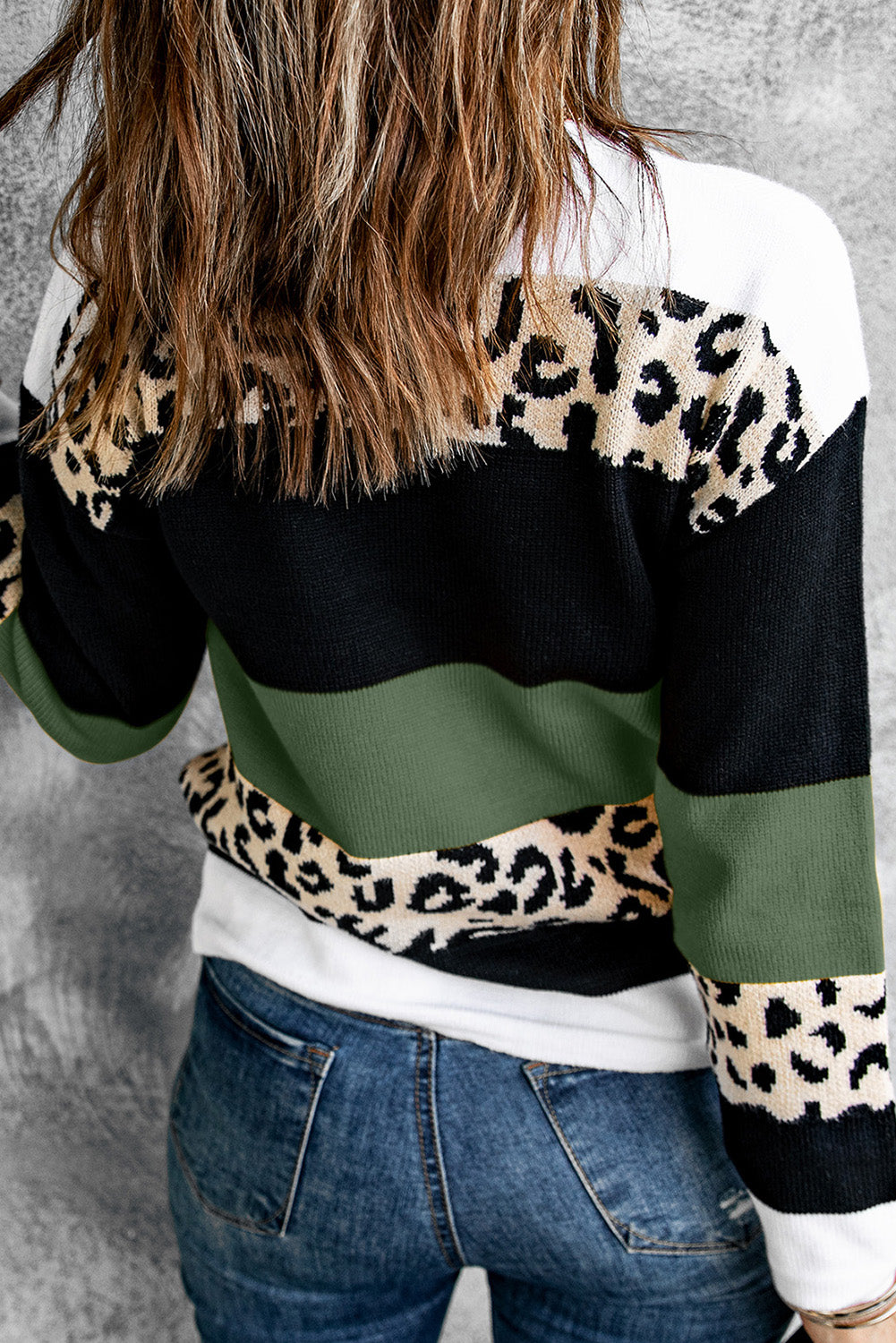 Green Crewneck Leopard Color Block Knit Pullover Sweater