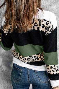 Green Crewneck Leopard Color Block Knit Pullover Sweater