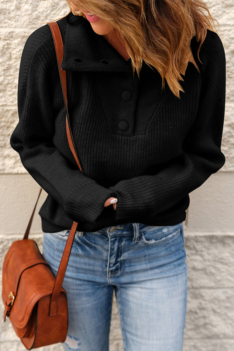 Khaki Buttoned Turn Down Collar Comfy Ribbed Sweater