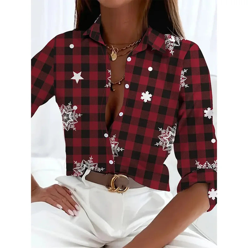 Women's 2024 New 3d Christmas Printed Long Sleeve Shirts Elegant Lapel Long Sleeve Top Winter Spring Single-Breasted Basic Shirt