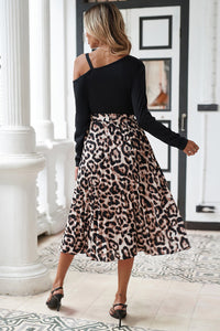 Black Asymmetric Shoulder Leopard Belted Dress