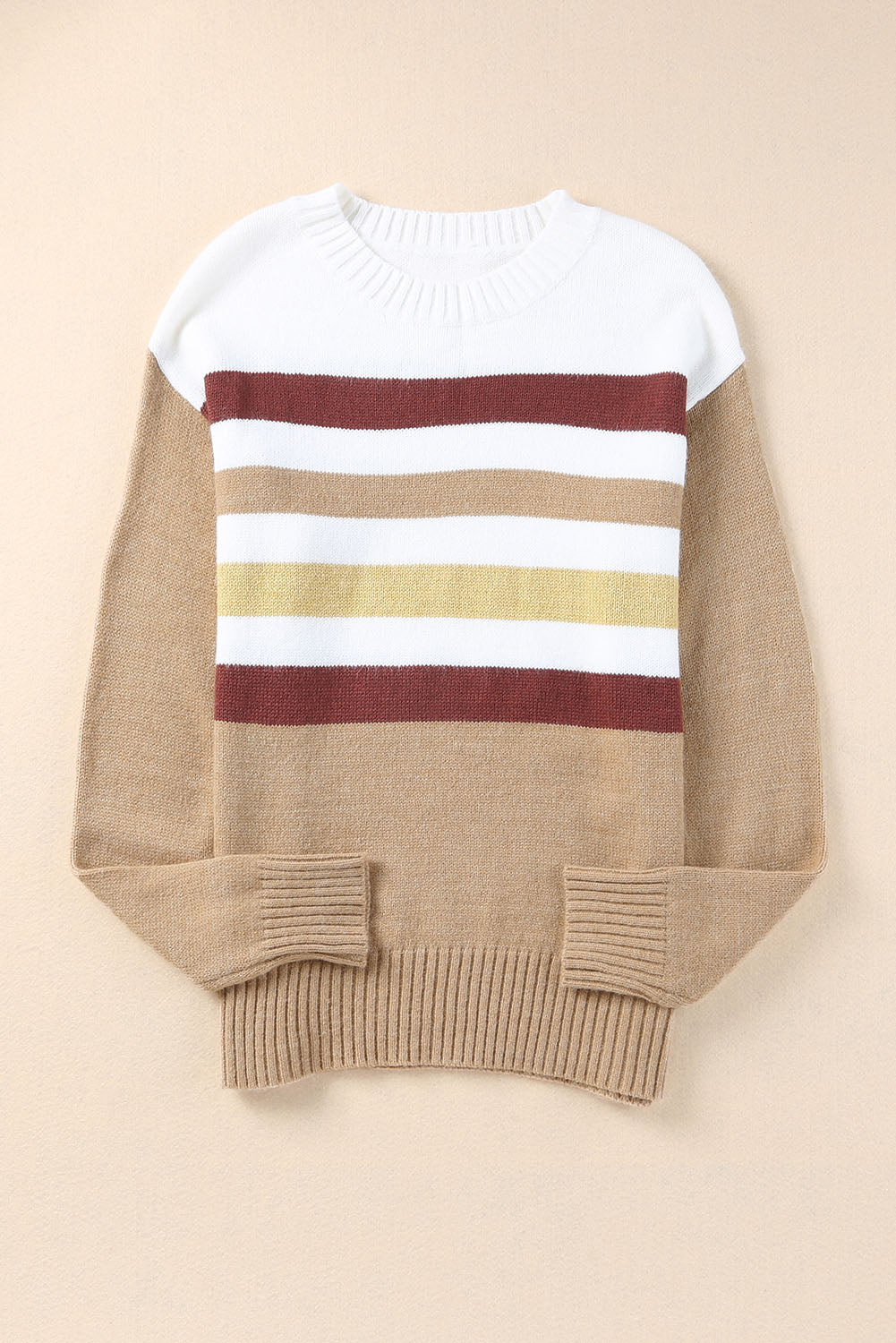 Khaki Crew Neck Striped Long Sleeve Sweater