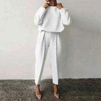 Loose Solid Top Pants Set Women Casual O-neck Full Sleeve Pullover Pleated Long Trousers 2025 New Female Chic 2 Piece Outfits