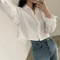 Spring New Casual Long Sleeve Women White Shirt Korea Style Solid Button Split Woman Crop Tops Blouse Party Clothing