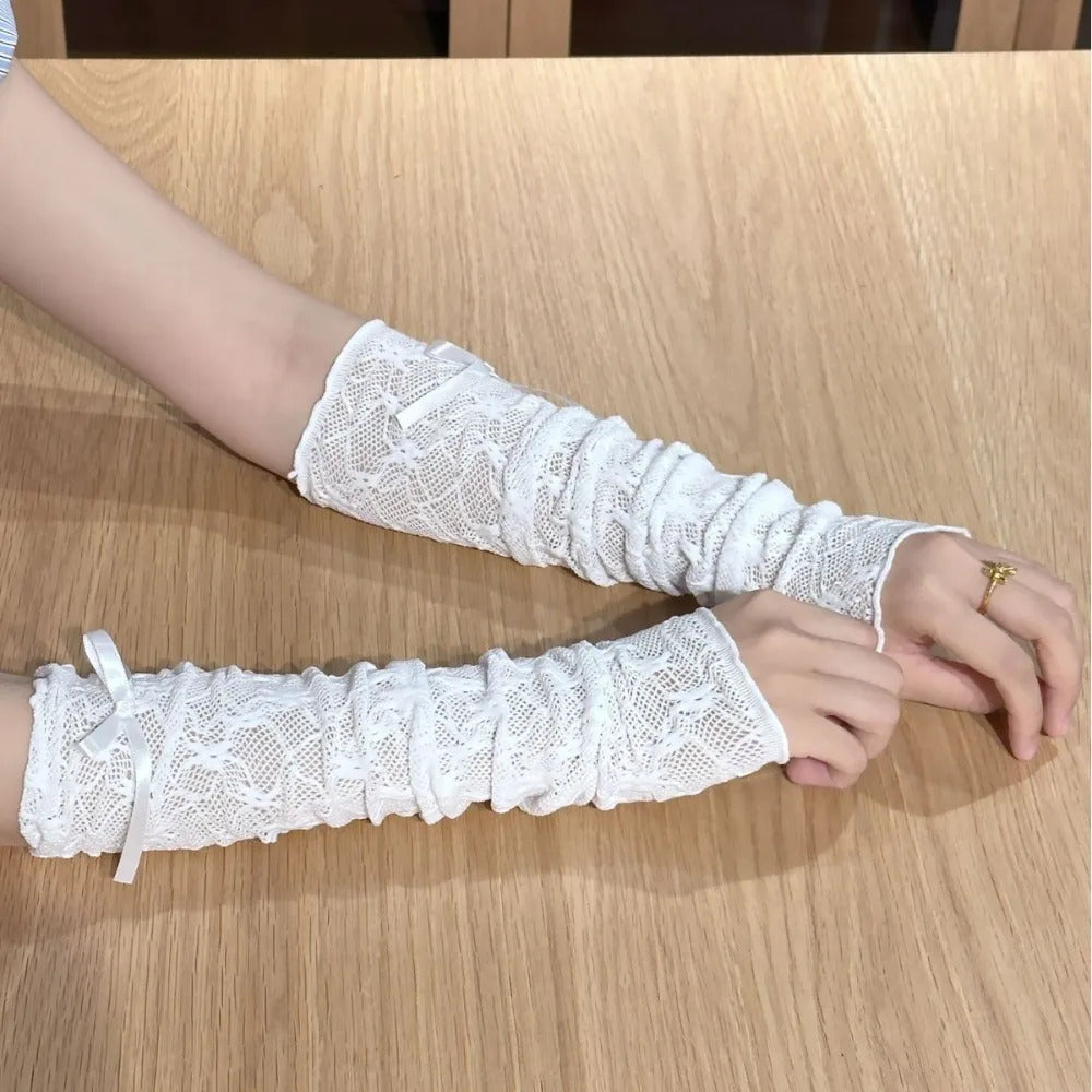 Lace Ruffle Lolita Lace Gloves Bowknot Strapping Black White Y2k Fingerless Mittens Mesh Japanese Mittens Cosplay Accessories