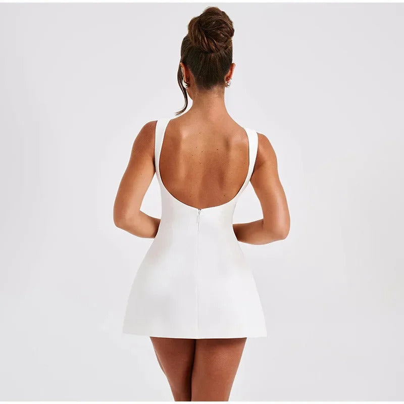 Elegant Sleeveless Backless Slim Fit Mini Dress Women Chic Round Collar A-line Short Dresses 2025 New Ladies Fashion Party Gowns