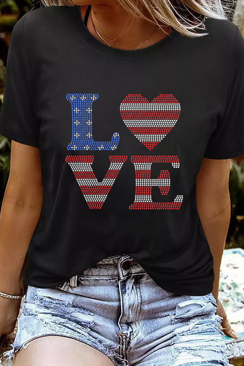 Black Rhinestone USA Flag Stripes and Stars LOVE Graphic T Shirt