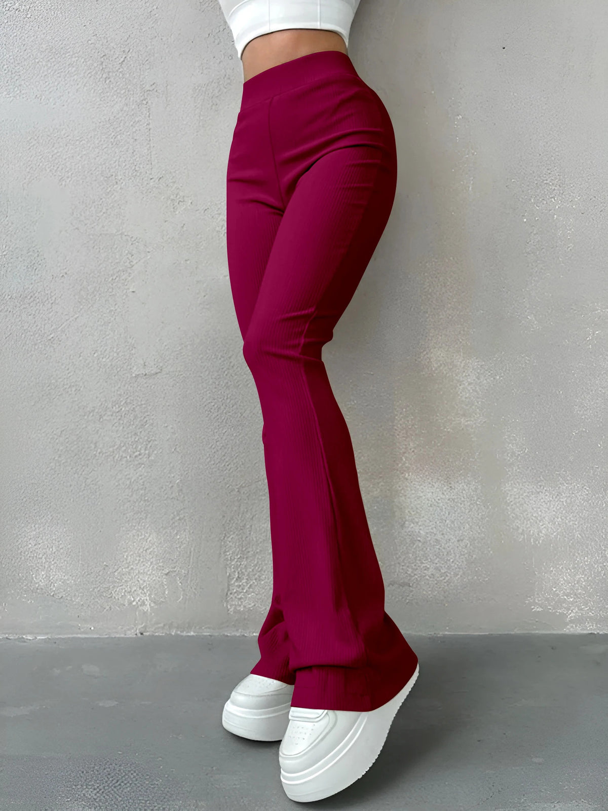 Women's Sexy Slim Pants Ribbed Solid Color Pants High Waisted Flared Pants Showing Longer Legs All-match Sports Long Pants