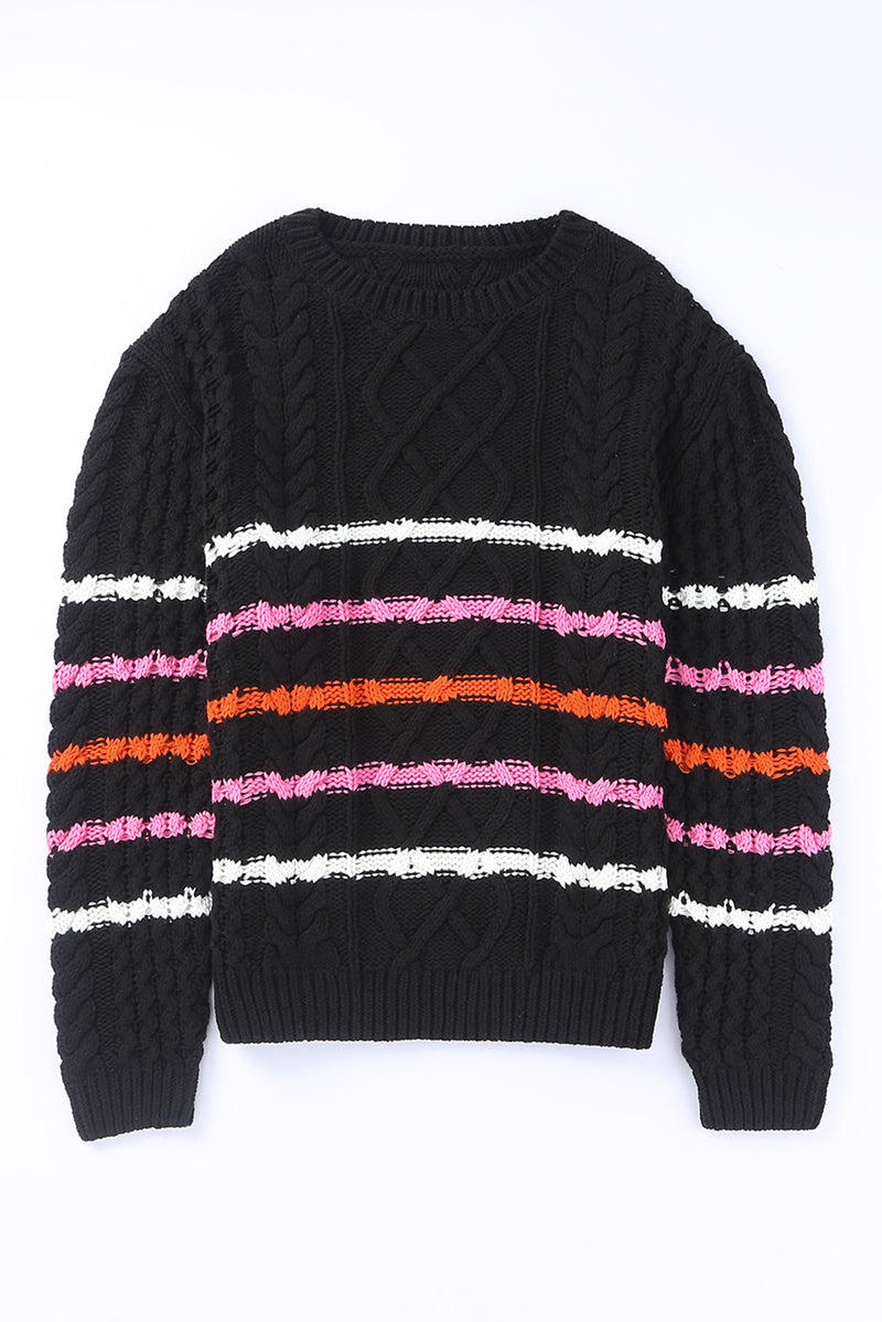 Black Striped Color Block Textured Knit Pullover Sweater