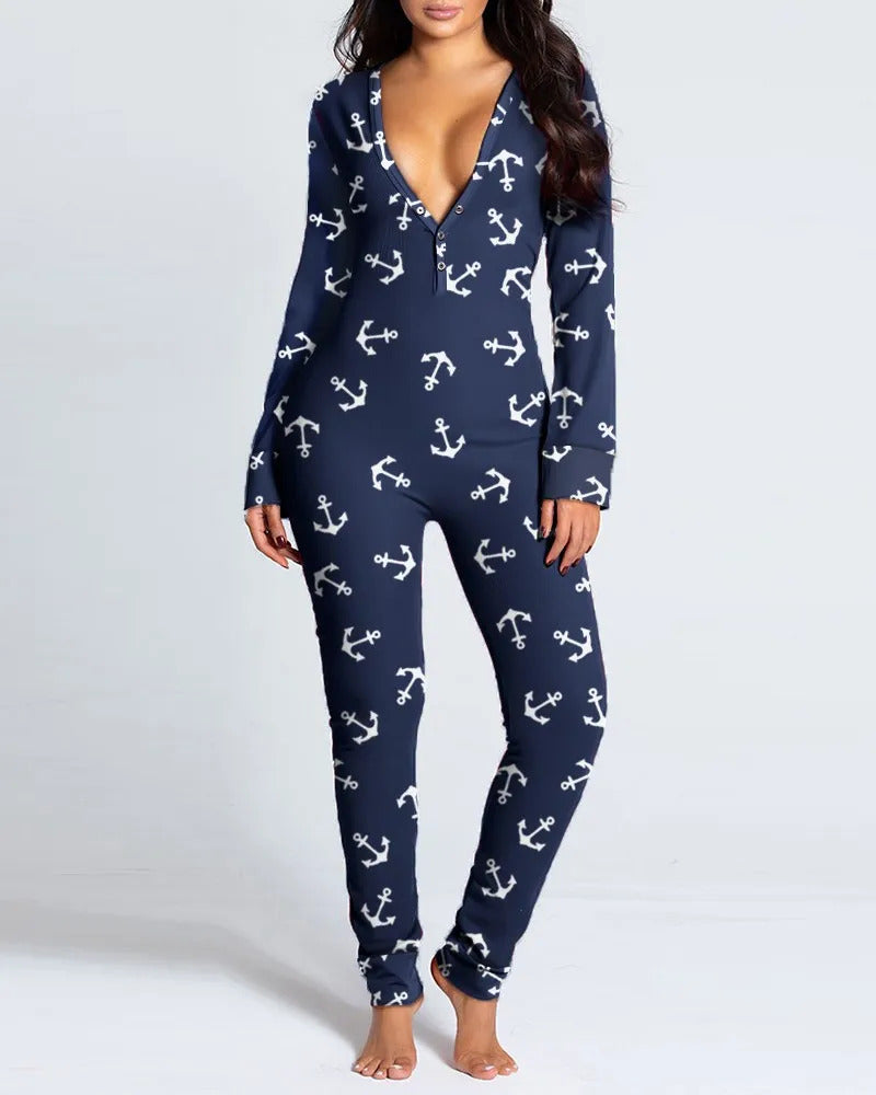 Sexy Pyjama Women's Jumpsuit Suit Button-down Front Back Butt Bum open Ass Flap Jumpsuit Loungewear Christmas Print Buttoned