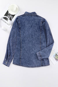 Blue Puff Sleeve Button-Up Denim Jacket