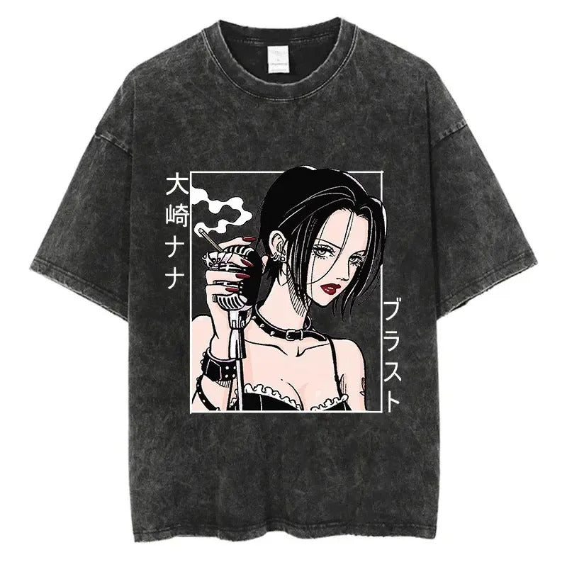 Japanese Anime Nana Osaki Print Retro Washed Plus Size T-shirt Harajuku Streetwear Graphic T-shirt Short-sleeved Cotton T-shirt