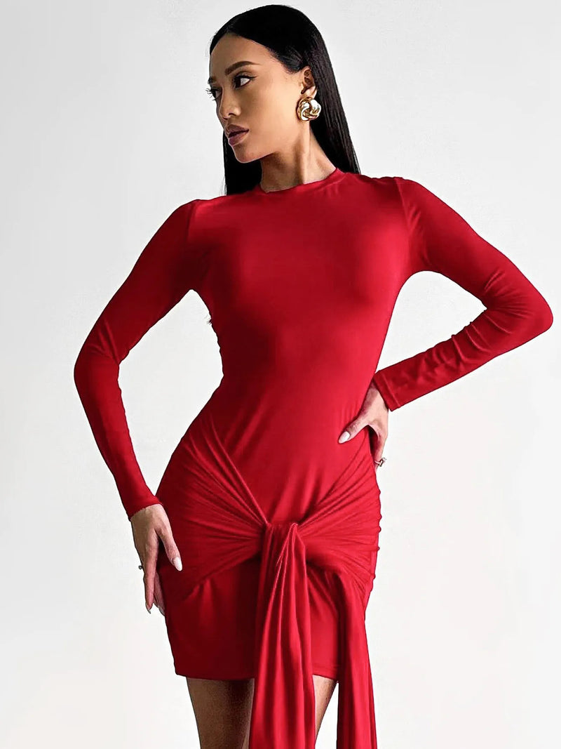 Hugcitar 2024 Fashion Solid Long Sleeve Bandage Ruched Sexy Bodycon Mini Dress Autumn Women Y2K Outfits Evening Party Festival