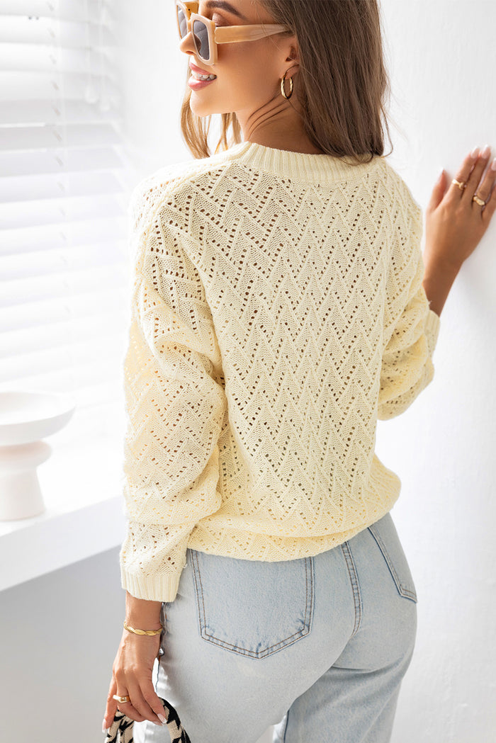 Beige Eyelet Knit Ribbed Trim Sweater