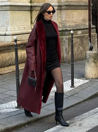 Burgundy Reversible Warm Faux Fur Leather Long Coat Elegant Women Belted Lapel Full Sleeve Overcoat 2024 Lady Thick Streetwear ﻿